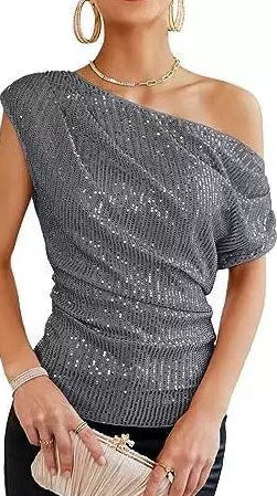 Women's One Shoulder Sequin Top
